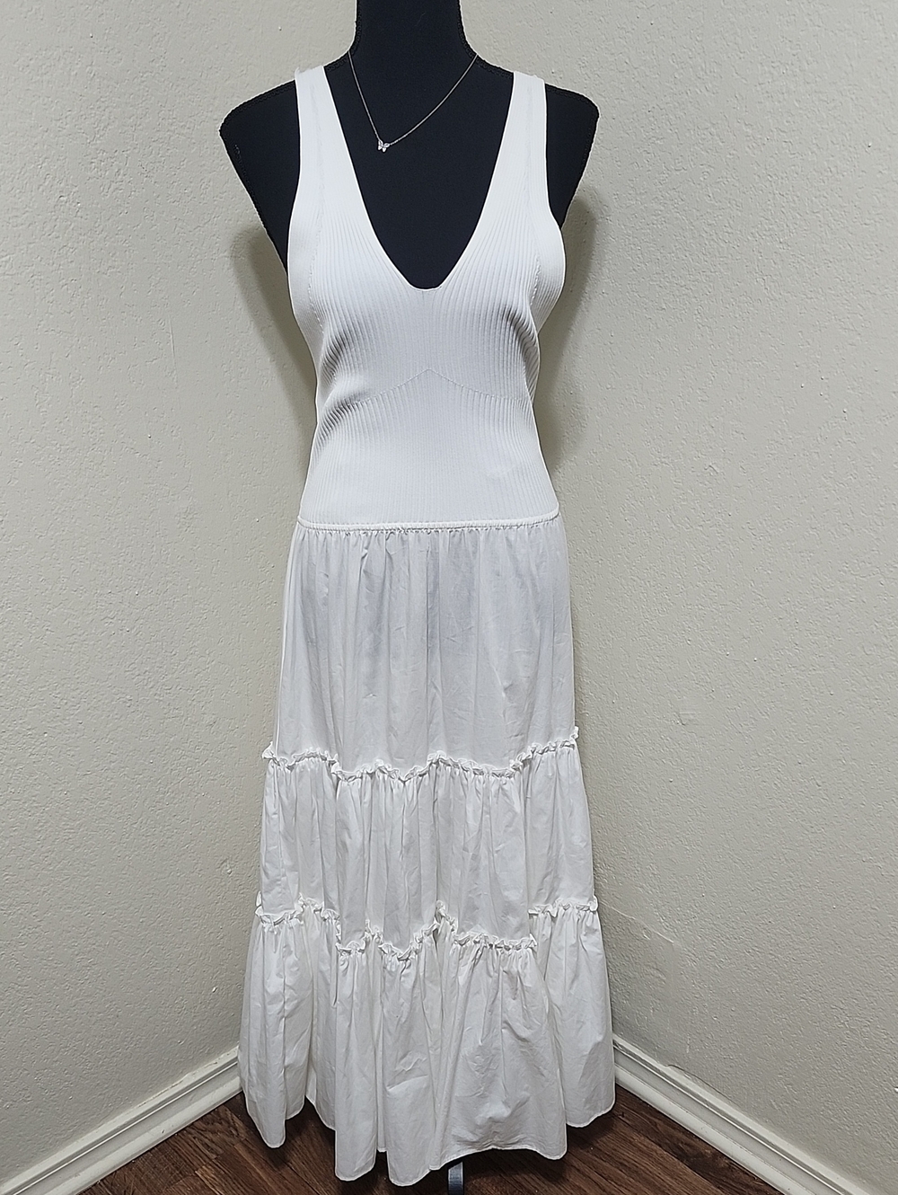 NWT Central Park West Mixed Media Ribbed Knit Tiered Maxi Dress White Sz M